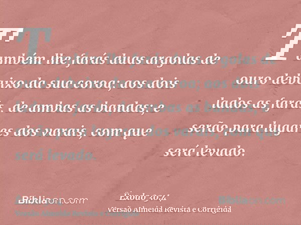 Também lhe farás duas argolas de ouro debaixo da sua coroa; aos dois lados as farás, de ambas as bandas; e serão para lugares dos varais, com que será levado.