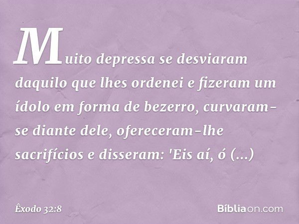 Muito depressa se desviaram daquilo que lhes ordenei e fizeram um ídolo em forma de bezerro, curvaram-se diante dele, ofereceram-lhe sacrifícios e disseram: 'Ei