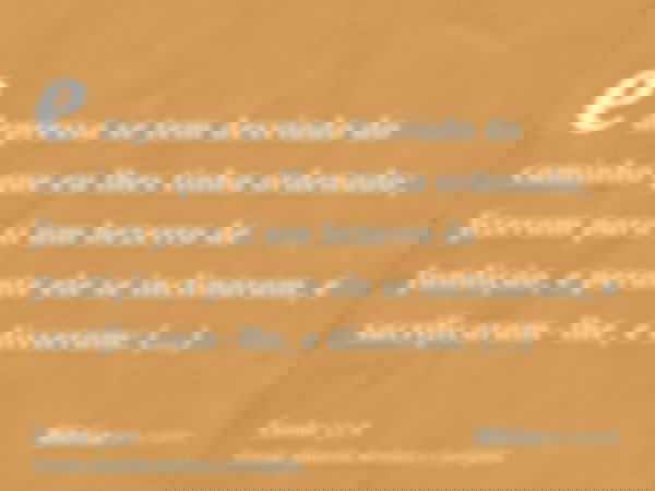 e depressa se tem desviado do caminho que eu lhes tinha ordenado; fizeram para si um bezerro de fundição, e perante ele se inclinaram, e sacrificaram-lhe, e dis