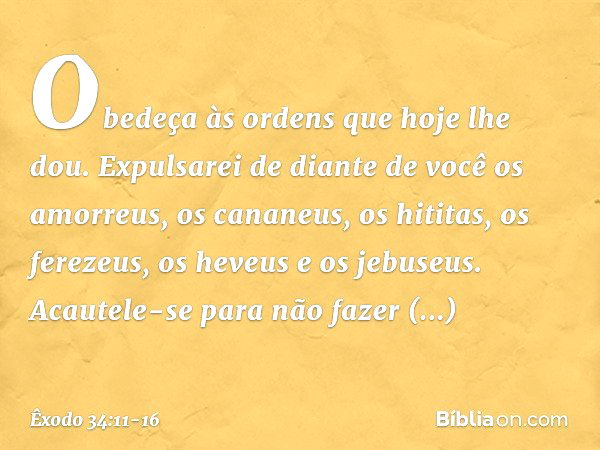 Obedeça às ordens que hoje lhe dou. Expulsarei de diante de você os amorreus, os cananeus, os hititas, os ferezeus, os heveus e os jebuseus. Acautele-se para nã