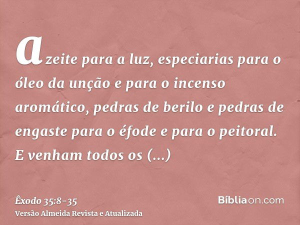 azeite para a luz, especiarias para o óleo da unção e para o incenso aromático,pedras de berilo e pedras de engaste para o éfode e para o peitoral.E venham todo