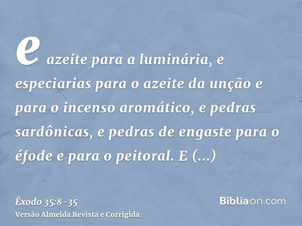 e azeite para a luminária, e especiarias para o azeite da unção e para o incenso aromático,e pedras sardônicas, e pedras de engaste para o éfode e para o peitor