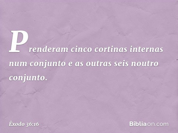 Prenderam cinco cortinas internas num conjunto e as outras seis noutro conjunto. -- Êxodo 36:16