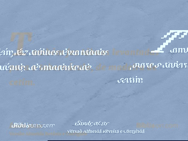 Também fez tábuas levantadas para o tabernáculo, de madeira de cetim.