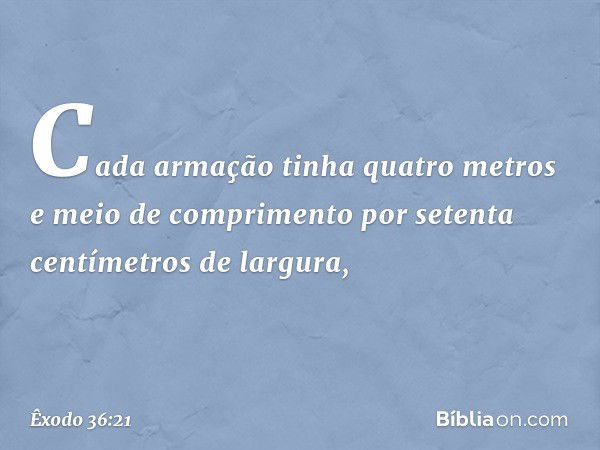 Cada armação tinha quatro metros e meio de comprimento por setenta centímetros de largura, -- Êxodo 36:21