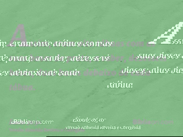 Assim, eram oito tábuas com as suas bases de prata, a saber, dezesseis bases; duas bases debaixo de cada tábua.