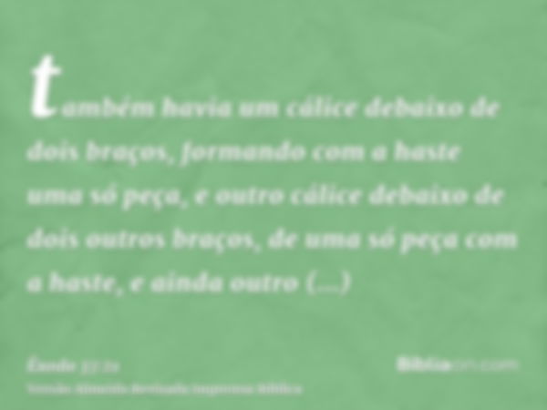 também havia um cálice debaixo de dois braços, formando com a haste uma só peça, e outro cálice debaixo de dois outros braços, de uma só peça com a haste, e ain