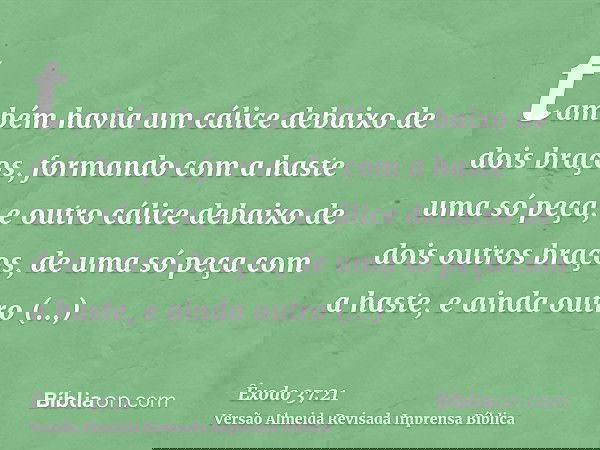 também havia um cálice debaixo de dois braços, formando com a haste uma só peça, e outro cálice debaixo de dois outros braços, de uma só peça com a haste, e ain