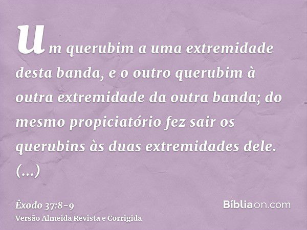 um querubim a uma extremidade desta banda, e o outro querubim à outra extremidade da outra banda; do mesmo propiciatório fez sair os querubins às duas extremida