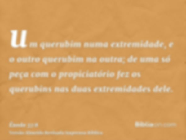 um querubim numa extremidade, e o outro querubim na outra; de uma só peça com o propiciatório fez os querubins nas duas extremidades dele.