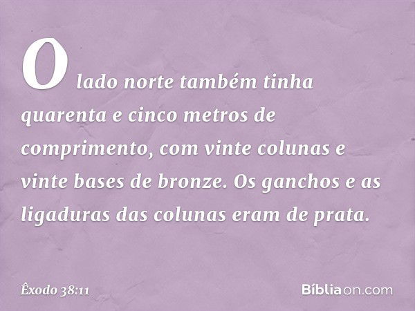 O lado norte também tinha quarenta e cinco metros de comprimento, com vinte colunas e vinte bases de bronze. Os ganchos e as ligaduras das colu­nas eram de prat