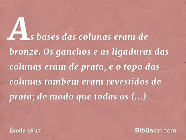 As bases das colunas eram de bronze. Os ganchos e as ligaduras das colu­nas eram de prata, e o topo das colunas também eram revestidos de prata; de modo que tod