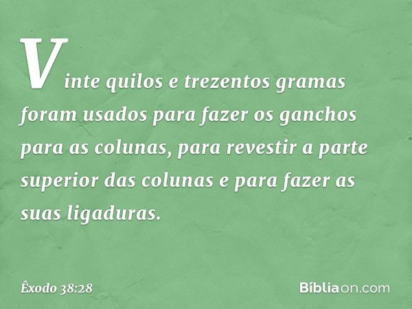 Vinte quilos e trezentos gramas foram usados para fazer os ganchos para as colunas, para re­vestir a parte superior das colunas e para fazer as suas ligaduras. 