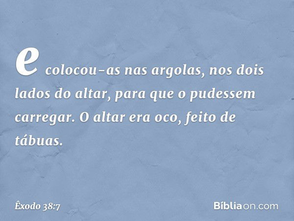 e colocou-as nas argolas, nos dois lados do altar, para que o pudessem carregar. O altar era oco, feito de tábuas. -- Êxodo 38:7