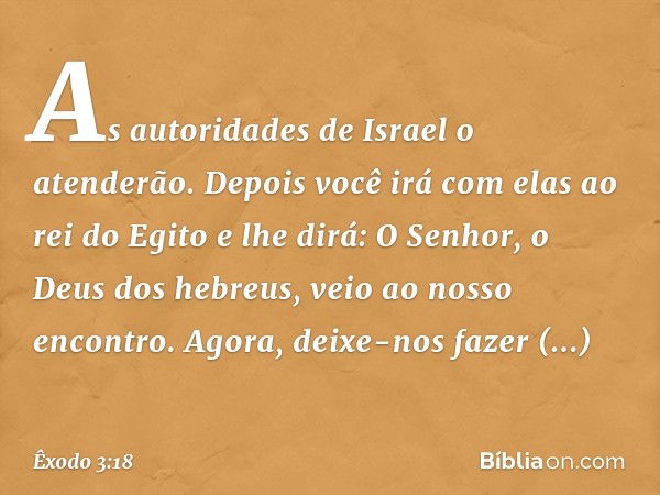 "As autoridades de Israel o atenderão. Depois você irá com elas ao rei do Egito e lhe dirá: O Senhor, o Deus dos hebreus, veio ao nosso encontro. Agora, deixe-n