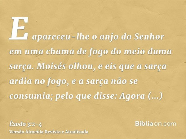 E apareceu-lhe o anjo do Senhor em uma chama de fogo do meio duma sarça. Moisés olhou, e eis que a sarça ardia no fogo, e a sarça não se consumia;pelo que disse