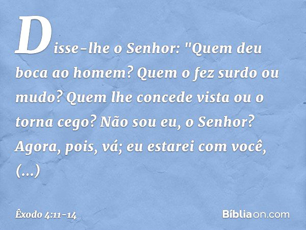 Disse-lhe o Senhor: "Quem deu boca ao homem? Quem o fez surdo ou mudo? Quem lhe concede vista ou o torna cego? Não sou eu, o Senhor? Agora, pois, vá; eu estarei