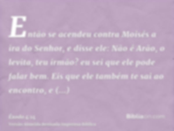 Então se acendeu contra Moisés a ira do Senhor, e disse ele: Não é Arão, o levita, teu irmão? eu sei que ele pode falar bem. Eis que ele também te sai ao encont