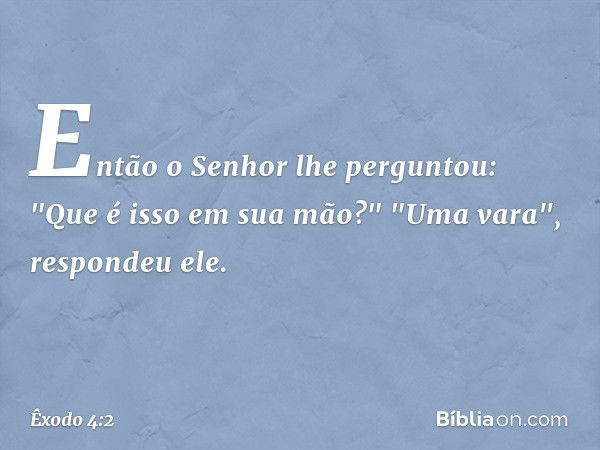 Então o Senhor lhe perguntou: "Que é isso em sua mão?"
"Uma vara", respondeu ele. -- Êxodo 4:2