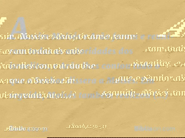Assim Moisés e Arão foram e reuniram todas as autoridades dos israelitas, e Arão lhes contou tudo o que o Senhor dissera a Moisés. Em seguida, Moisés também