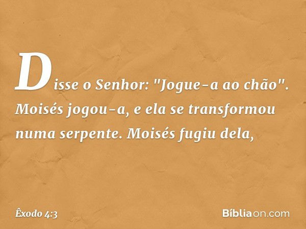 Disse o Senhor: "Jogue-a ao chão".
Moisés jogou-a, e ela se transformou numa serpente. Moisés fugiu dela, -- Êxodo 4:3