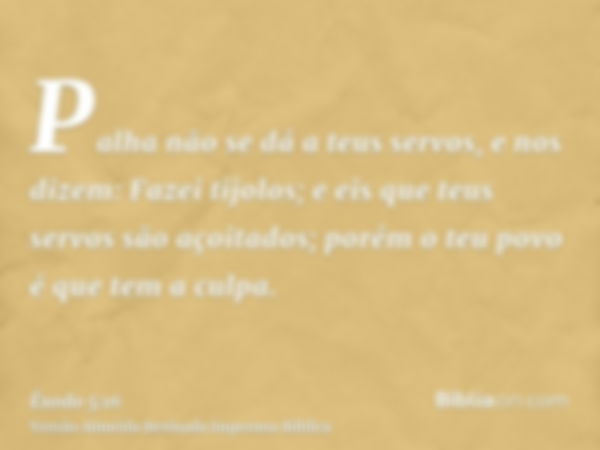 Palha não se dá a teus servos, e nos dizem: Fazei tijolos; e eis que teus servos são açoitados; porém o teu povo é que tem a culpa.