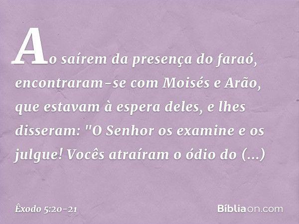 Ao saírem da presença do faraó, encontraram-se com Moisés e Arão, que esta­vam à espera deles, e lhes disseram: "O Senhor os examine e os julgue! Vocês atraíram