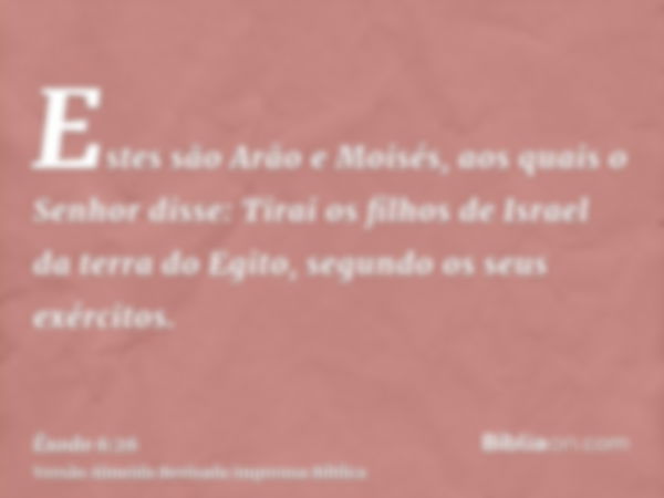 Estes são Arão e Moisés, aos quais o Senhor disse: Tirai os filhos de Israel da terra do Egito, segundo os seus exércitos.