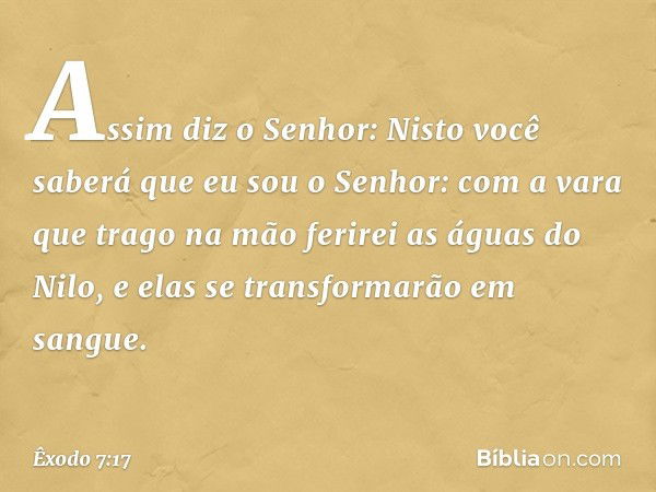 Assim diz o Senhor: Nisto você saberá que eu sou o Senhor: com a vara que trago na mão ferirei as águas do Nilo, e elas se trans­formarão em sangue. -- Êxodo 7: