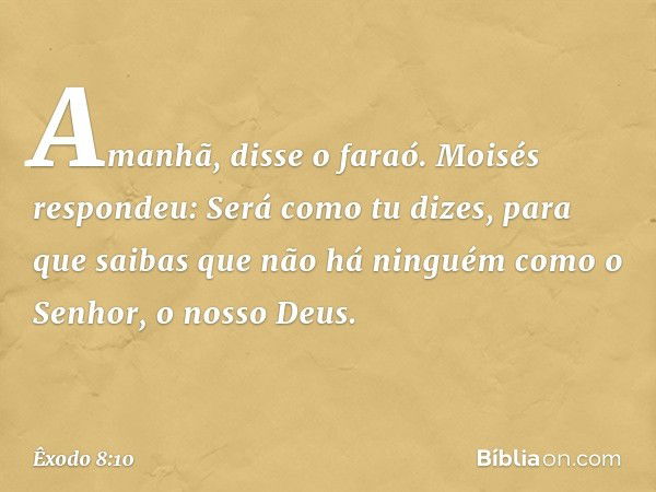 "Amanhã", disse o faraó.
Moisés respondeu: "Será como tu dizes, para que saibas que não há ninguém como o Senhor, o nosso Deus. -- Êxodo 8:10