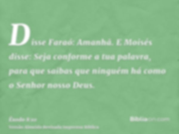 Disse Faraó: Amanhã. E Moisés disse: Seja conforme a tua palavra, para que saibas que ninguém há como o Senhor nosso Deus.