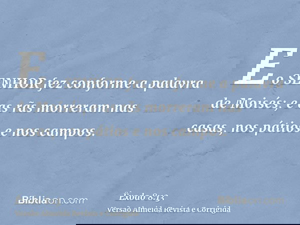 E o SENHOR fez conforme a palavra de Moisés; e as rãs morreram nas casas, nos pátios e nos campos.