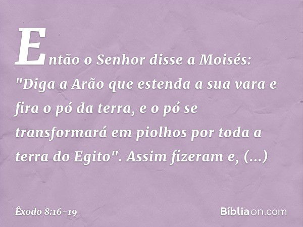 Então o Senhor disse a Moisés: "Diga a Arão que estenda a sua vara e fira o pó da terra, e o pó se transformará em piolhos por toda a terra do Egito". Assim fiz