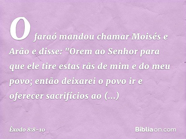 O faraó mandou chamar Moisés e Arão e disse: "Orem ao Senhor para que ele tire estas rãs de mim e do meu povo; então deixarei o povo ir e oferecer sacrifícios a