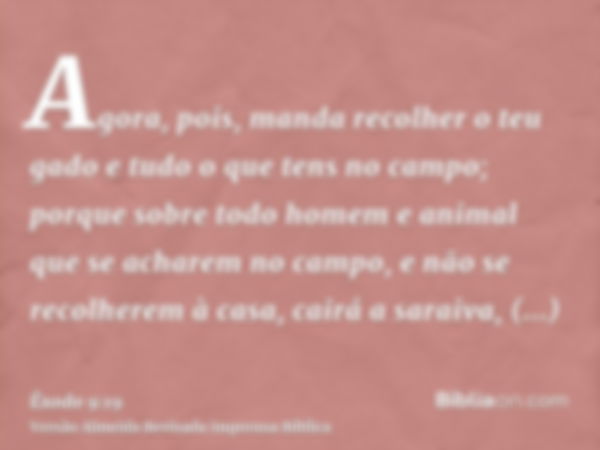 Agora, pois, manda recolher o teu gado e tudo o que tens no campo; porque sobre todo homem e animal que se acharem no campo, e não se recolherem à casa, cairá a