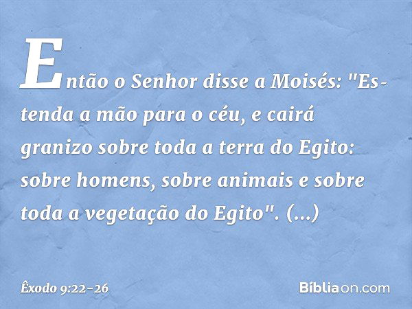 Então o Senhor disse a Moisés: "Es­tenda a mão para o céu, e cairá granizo sobre toda a terra do Egito: sobre homens, sobre ani­mais e sobre toda a vegetação do