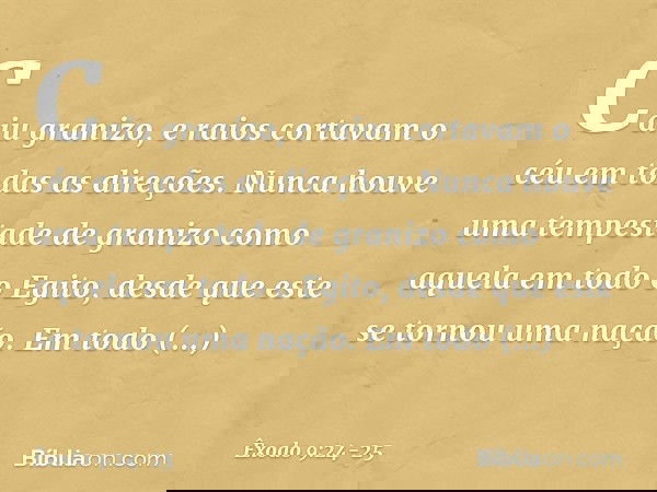 Caiu granizo, e raios cortavam o céu em todas as direções. Nunca houve uma tempestade de granizo como aquela em todo o Egito, desde que este se tornou uma naçã
