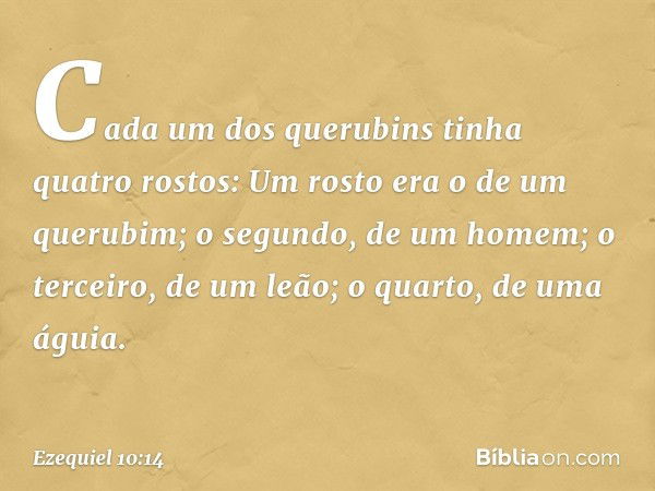 Cada um dos querubins tinha quatro rostos: Um rosto era o de um querubim; o segundo, de um homem; o terceiro, de um leão; o quar­to, de uma á­guia. -- Ezequiel 