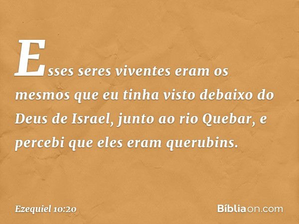 Esses seres viventes eram os mesmos que eu tinha visto debaixo do Deus de Israel, junto ao rio Quebar, e percebi que eles eram querubins. -- Ezequiel 10:20