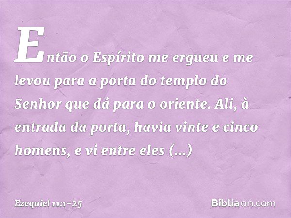 Então o Espírito me ergueu e me levou para a porta do templo do Senhor que dá para o oriente. Ali, à entrada da porta, havia vinte e cinco homens, e vi entre el