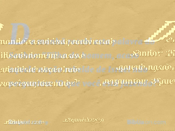 De manhã recebi esta palavra do Senhor: "Filho do homem, acaso aquela nação rebelde de Israel não perguntou: 'O que você está fazendo?' -- Ezequiel 12:8-9