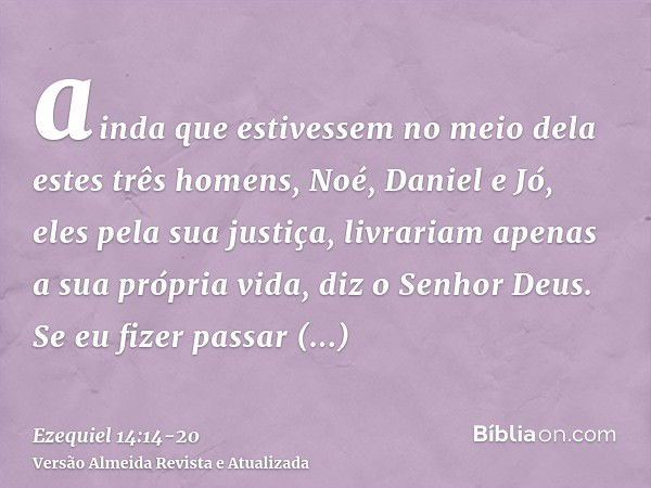 ainda que estivessem no meio dela estes três homens, Noé, Daniel e Jó, eles pela sua justiça, livrariam apenas a sua própria vida, diz o Senhor Deus.Se eu fizer