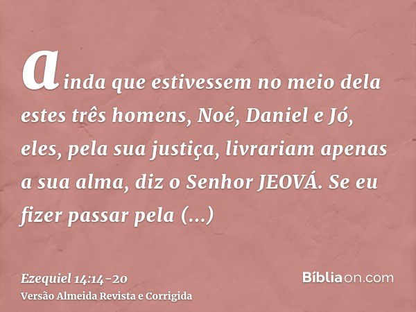 ainda que estivessem no meio dela estes três homens, Noé, Daniel e Jó, eles, pela sua justiça, livrariam apenas a sua alma, diz o Senhor JEOVÁ.Se eu fizer passa