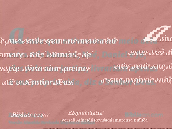 ainda que estivessem no meio dela estes três homens, Noé, Daniel e Jó, eles pela sua justiça, livrariam apenas a sua própria vida, diz o Senhor Deus.