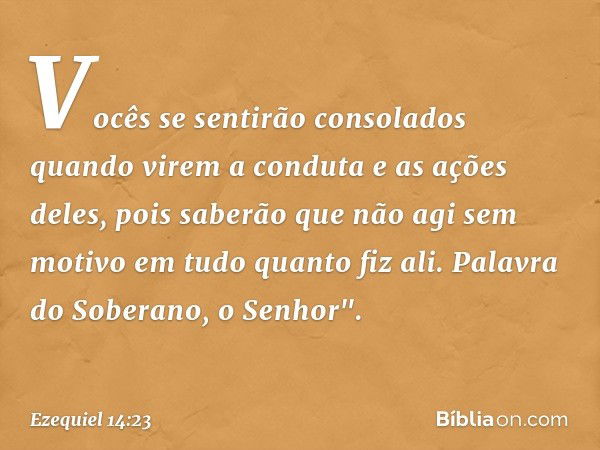 Vocês se sentirão consolados quando virem a conduta e as ações deles, pois saberão que não agi sem motivo em tudo quanto fiz ali. Palavra do Soberano, o Senhor"