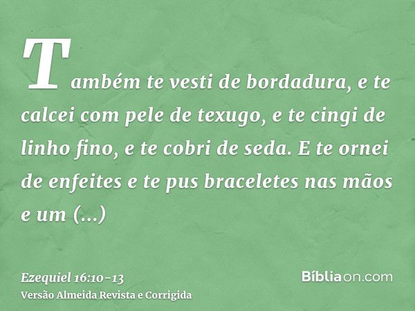 Também te vesti de bordadura, e te calcei com pele de texugo, e te cingi de linho fino, e te cobri de seda.E te ornei de enfeites e te pus braceletes nas mãos e