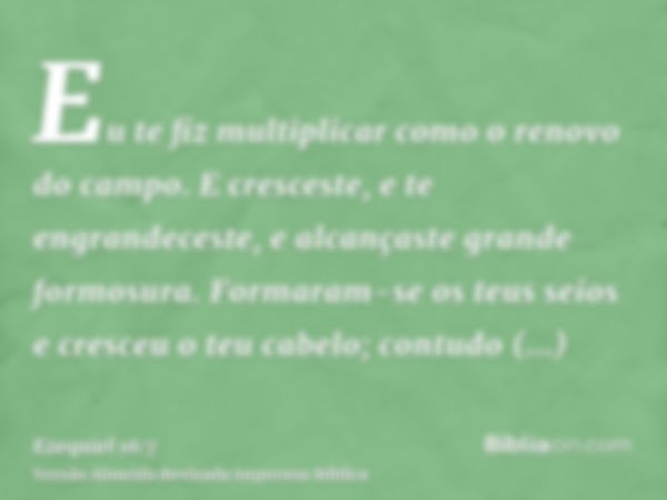 Eu te fiz multiplicar como o renovo do campo. E cresceste, e te engrandeceste, e alcançaste grande formosura. Formaram-se os teus seios e cresceu o teu cabelo; 