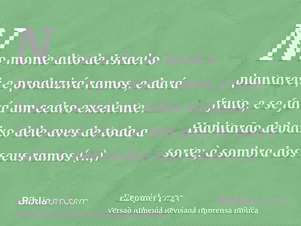 No monte alto de Israel o plantarei; e produzirá ramos, e dará fruto, e se fará um cedro excelente. Habitarão debaixo dele aves de toda a sorte; à sombra dos se