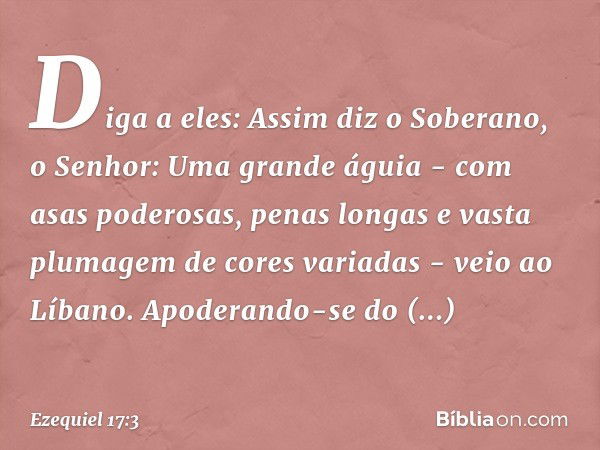 Diga a eles: Assim diz o Soberano, o Senhor: Uma grande águia - com asas poderosas, penas longas e vasta plumagem de cores variadas - veio ao Líbano. Apoderando