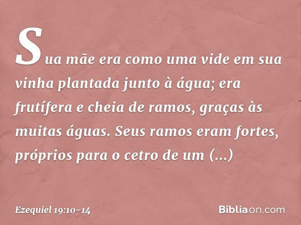 "Sua mãe era como uma vide
em sua vinha
plantada junto à água;
era frutífera e cheia de ramos,
graças às muitas águas. Seus ramos eram fortes,
próprios para o c